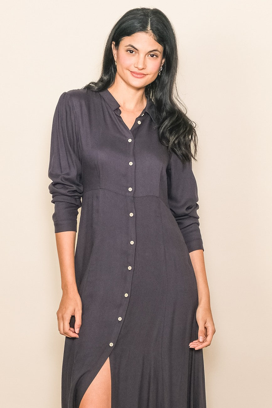 Charcoal Collared Button Down Long Sleeve Maxi Dress