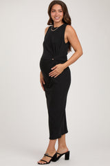 Black Rib Knit Sleeveless Side Twist Maternity Midi Dress