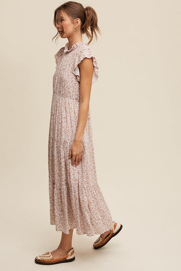Light Mauve Floral Ruffle Mock Neck Tiered Midi Dress