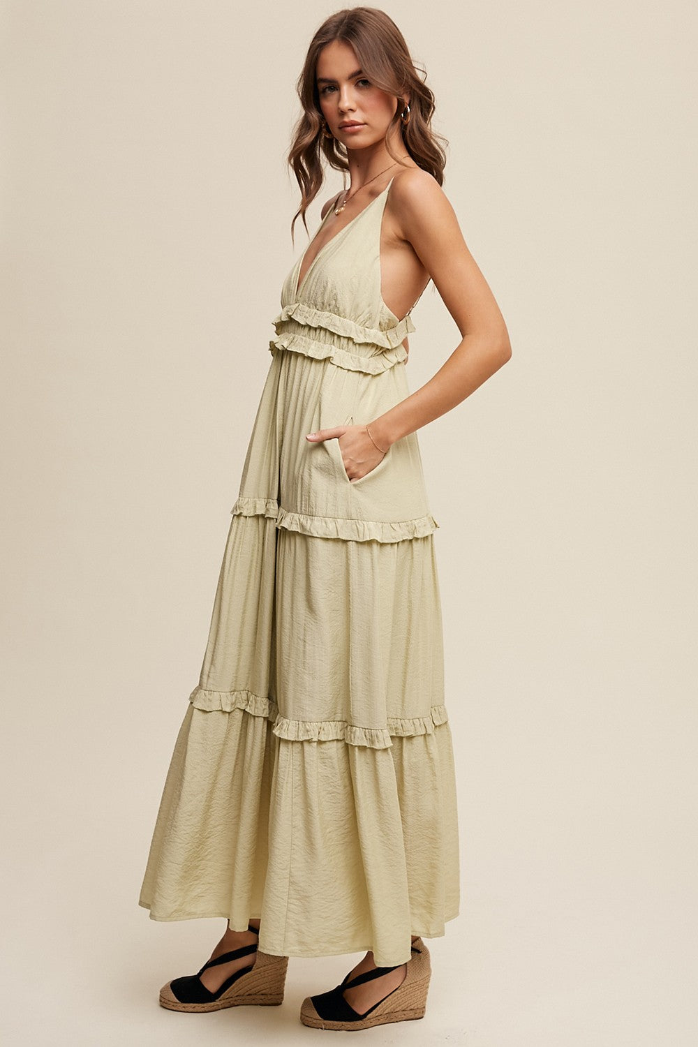 Light Olive Striped Ruffle Tiered Maxi Dress