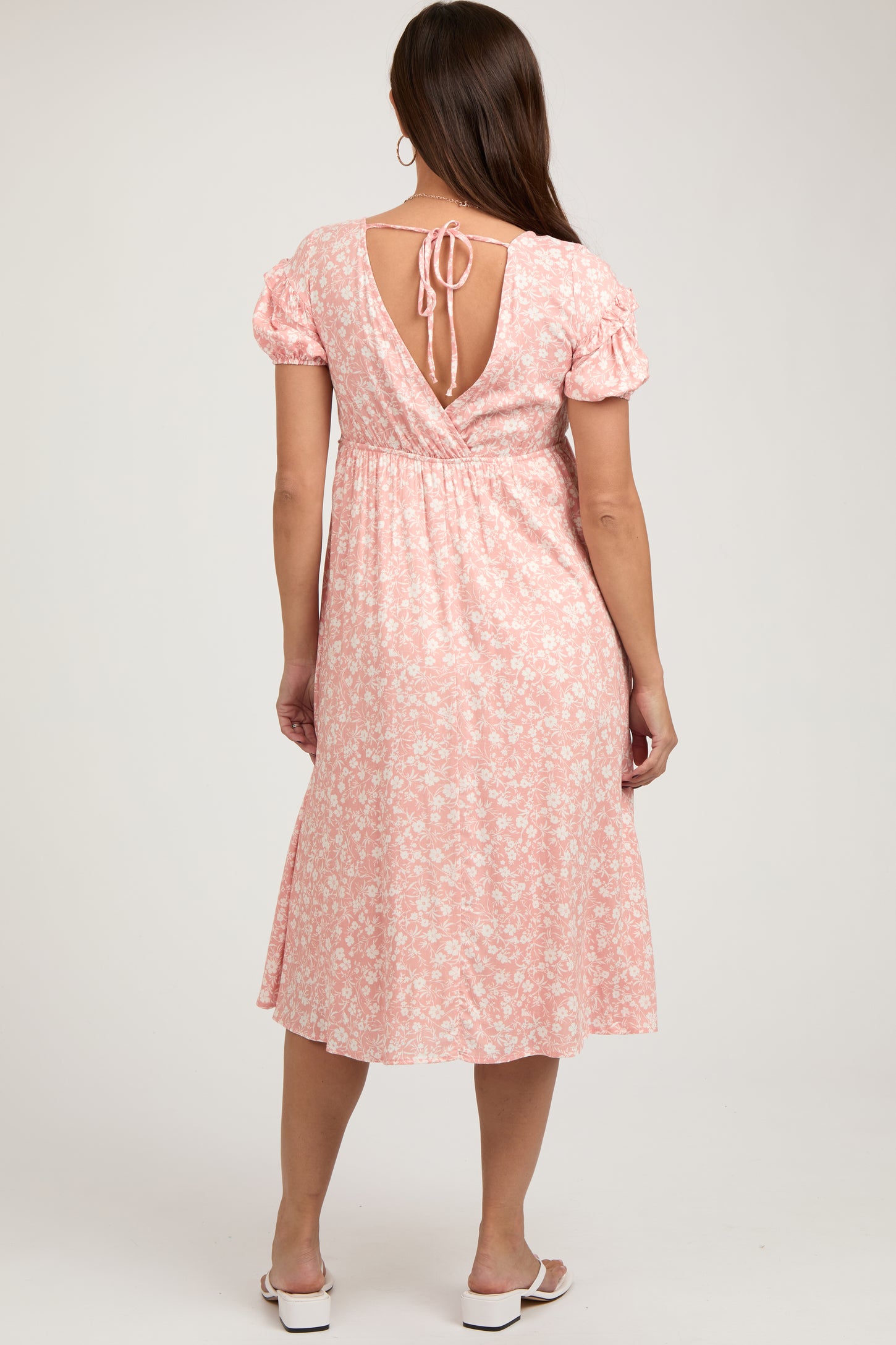 Peach Floral V-Neck Short Sleeve Maternity Dress