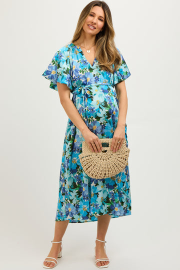 Blue Floral V-Neck Short Puff Sleeve Tie Waist Satin Maternity Midi Dress
