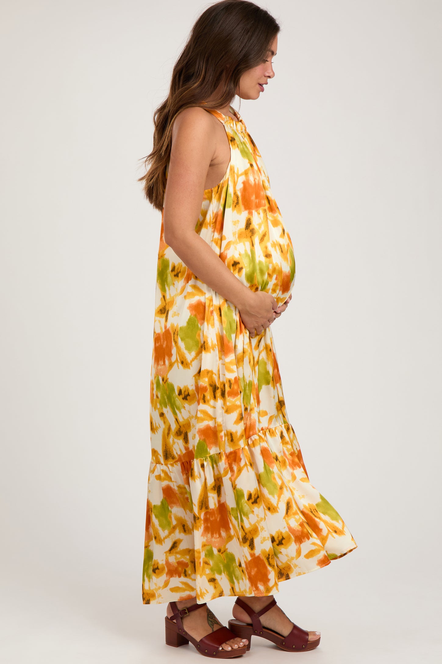 Orange Watercolor Print Satin Maternity Midi Dress