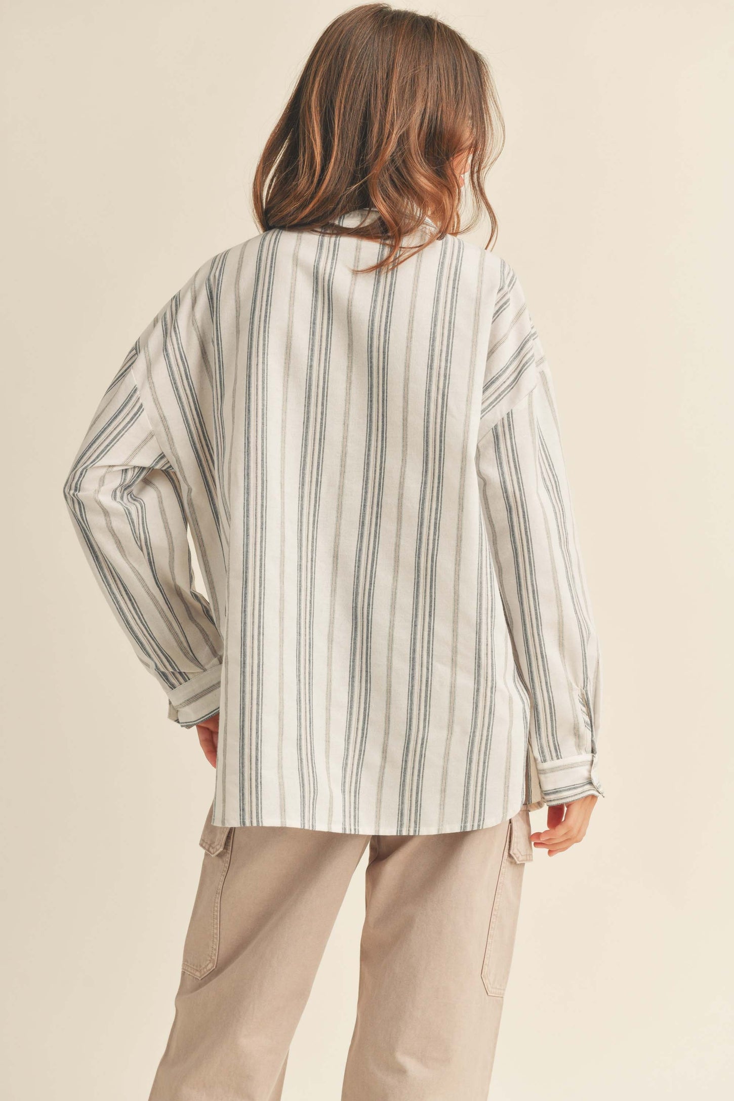 Ivory Striped Front Pocket Button Up Top