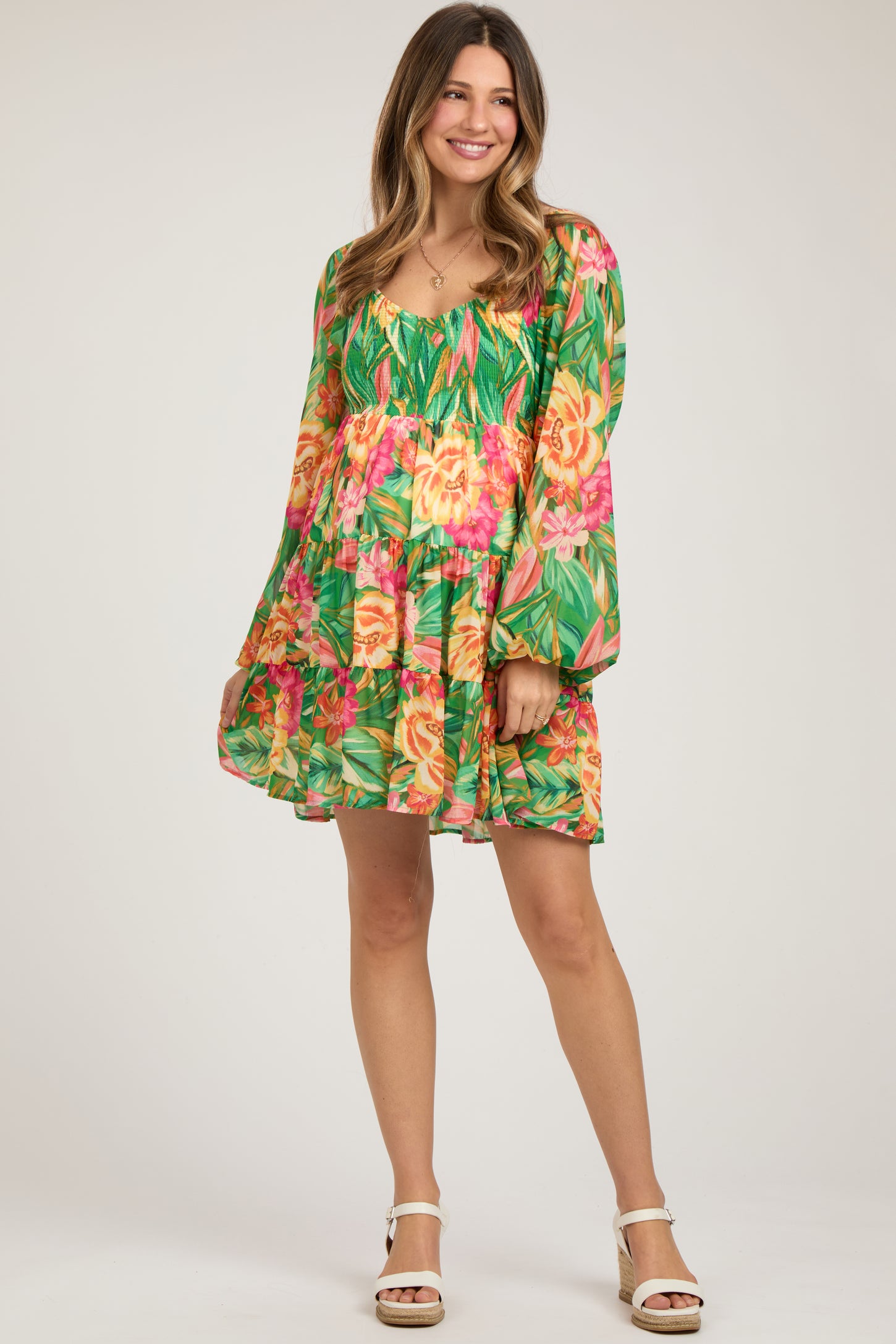 Green Tropical Floral Smocked V-Neck Maternity Midi Dress