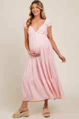 Pink Gingham Sleeveless Tiered Maternity Maxi Dress