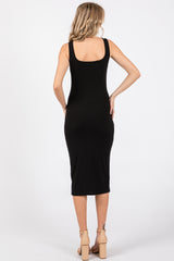 Black Sleeveless Ribbed Fitted Dress