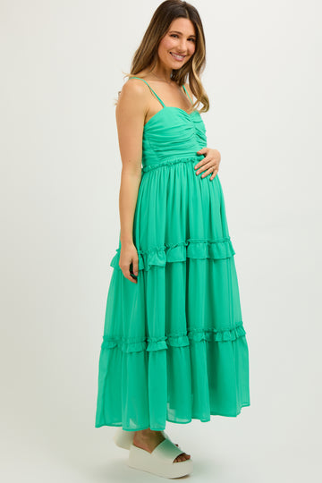 Green Sleeveless Pleated Ruffle Tiered Maternity Midi Dress