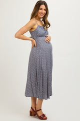 Blue Ditsy Floral Side Slit Maternity Midi Dress