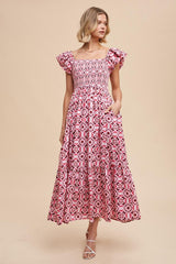 Magenta Floral Flutter Cap Sleeve Maxi Dress