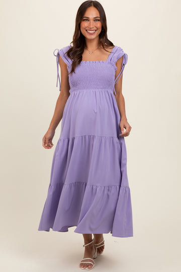 Lavender Smocked Sleeveless Drawstring Shoulder Tiered Maternity Midi Dress